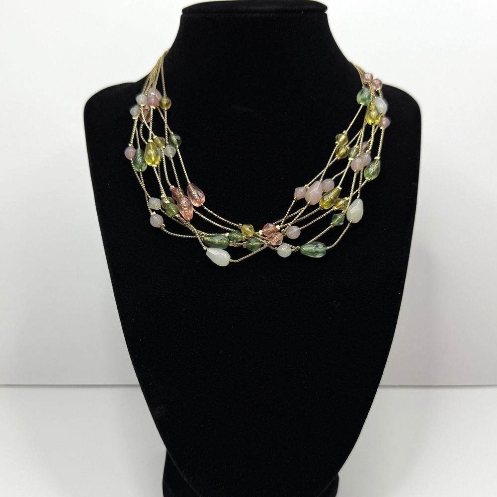Multi Strand Layered Necklace Pastel Acrylic Beaded Gold Tone Chain Jewelry 16in